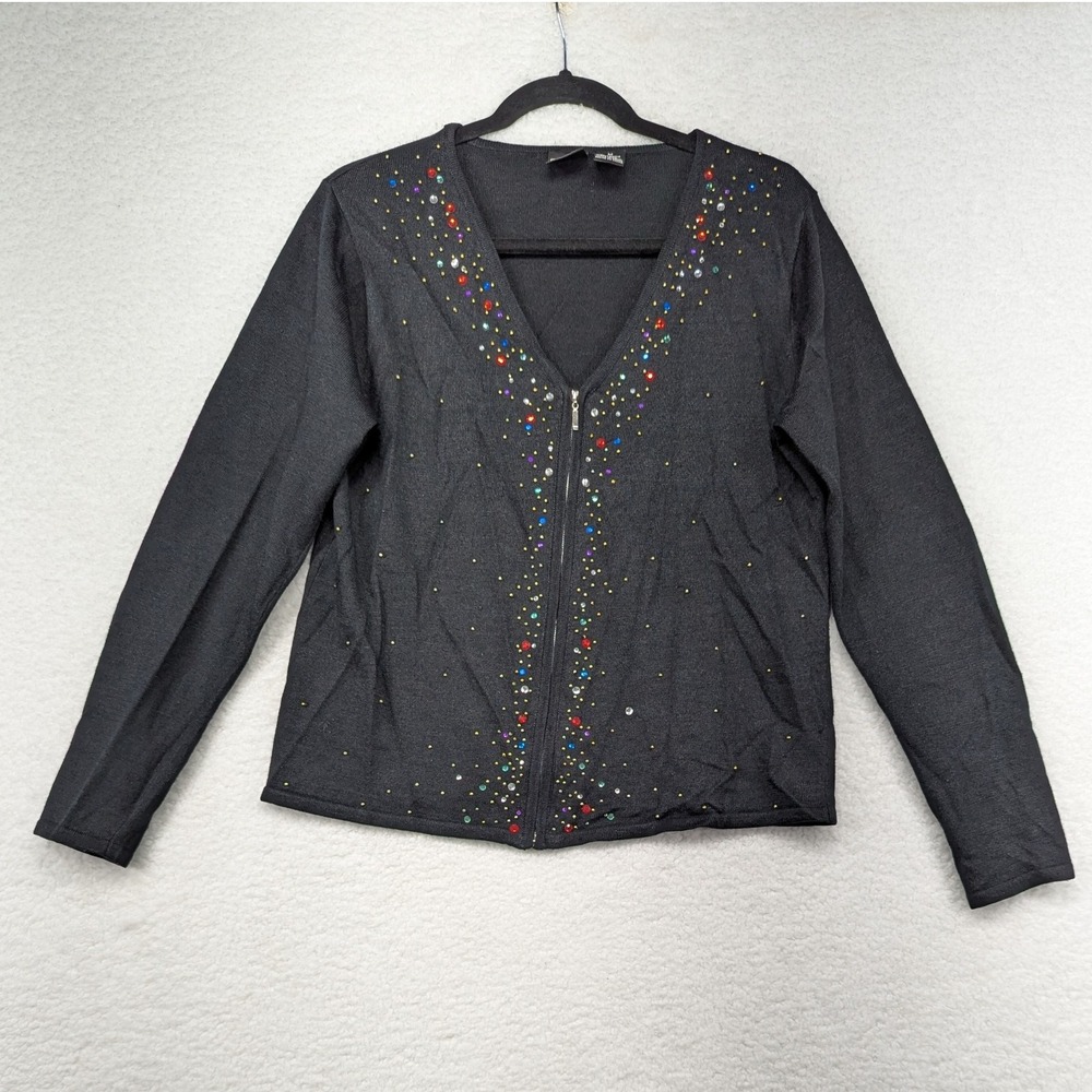 Erika Black Rhinestone Embellished Zipper Front‎ Long Sleeve Cardigan Sweater M